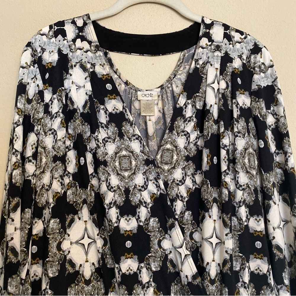 Vintage CACHE Geometric Jewel Black White Gray Print Drape Dress Size M Cocktail - Picture 4 of 16